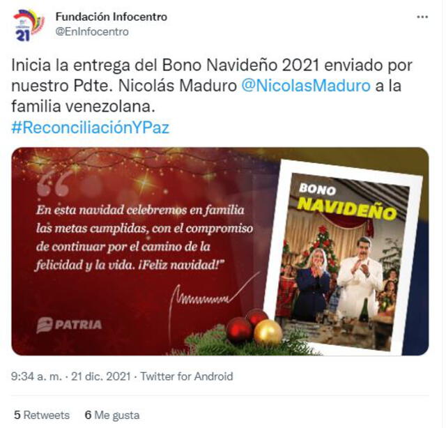 Bono Navideño en Venezuela es otorgado por el Gobierno de Nicolás Maduro. Foto: captura TWitter