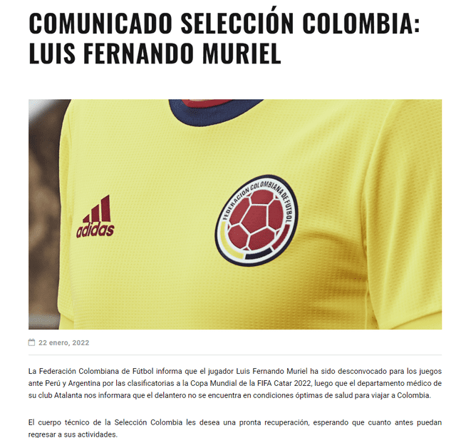 Luis Muriel no jugará contra la selección peruana. Foto: captura de FCF