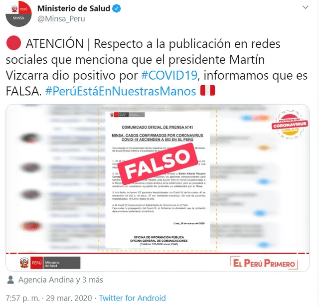 Publicación del Ministerio de Salud que desmintió rumor del contagio del presidente Vizcarra.