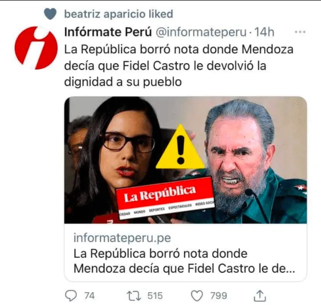 Publicación viral que afirma que Verónika Mendoza borró un tuit suyo sobre Fidel Casto. FOTO: Captura de Facebook.