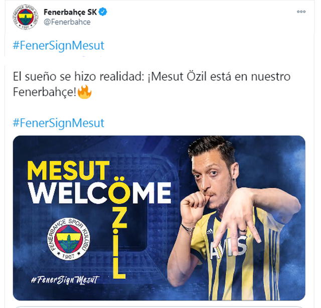 Publicación de Fenerbahçe por la llegada de Mesut Özil. Foto: captura de Fenerbahçe