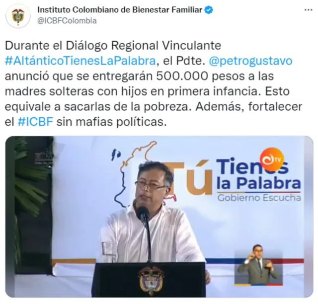 El Instituto Colombiano de Bienestar Familiar publicó en su red social lo declarado por Petro. Foto: Twitter/@ICBFColombia