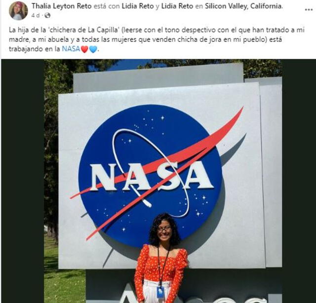  Publicación de Facebook en la que Thalía anuncia su nuevo puesto en la NASA. Foto: Facebook   