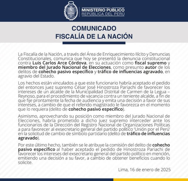 Comunicado de la Fiscalía de la Nación sobre denuncia constitucional contra Luis.                                                                                                                                                                                                                                                                                                                                                                                                                                                                                                                                                                  