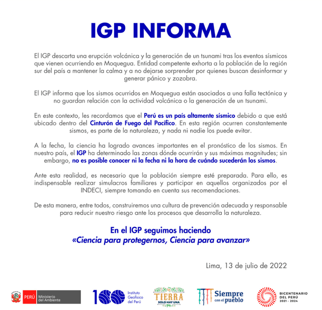 Comunicado IGP. Foto: Twitter