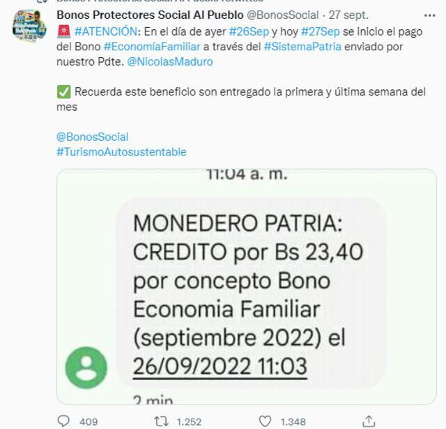 Inicia el pago del bono Economía Familiar en Venezuela que corresponde a septiembre. Foto: captura Twitter