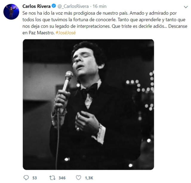 Carlos Rivera se despide de José José. Foto: Twitter Carlos RiveraCuenta verificada @_CarlosRivera.
