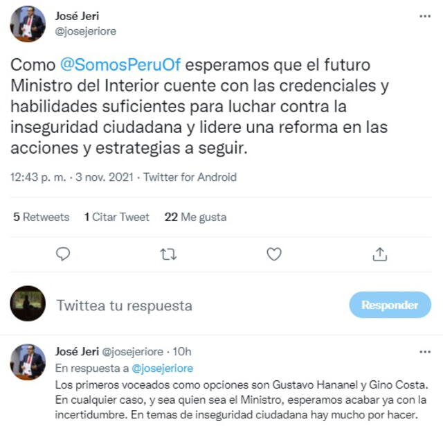 Jerí también se pronunció sobre el perfil del nuevo ministro del Interior. Foto: captura Twitter