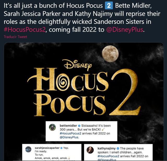Disney confirmó el lanzamiento de Hocus Pocus 2. Foto: @DisneyStudios/Twitter