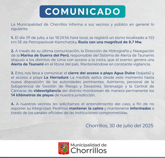 Comunicado tras alerta de tsunami en Perú. Foto: Municipalidad de Chorrillos Comunicado tras alerta de tsunami en Perú. Foto: Municipalidad de Chorrillos