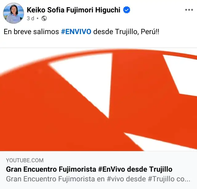 Keiko Fujimori borró el post de Facebook donde se podía ver el mitin del anuncio de su candidatura. Foto: Facebook   