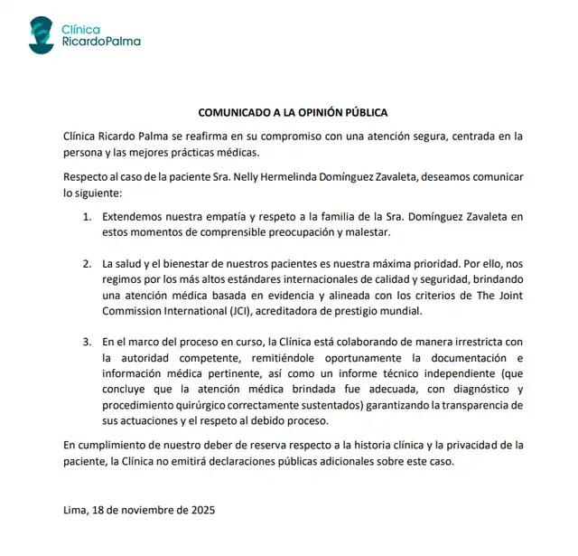 Pronunciamiento de la clínica Ricardo Palma ante el caso de la paciente Nelly Hermelinda. Foto: Clínica Ricardo Palma Pronunciamiento de la clínica Ricardo Palma ante el caso de la paciente Nelly Hermelinda. Foto: Clínica Ricardo Palma