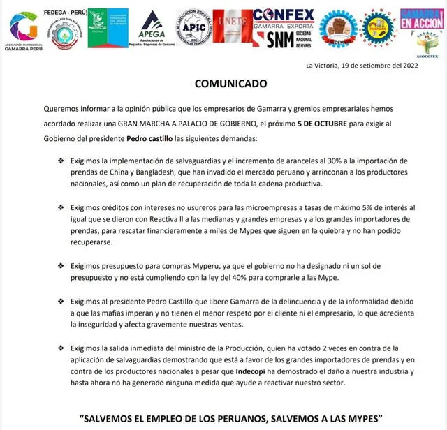 Comunicado de empresarios y gremios de Gamarra