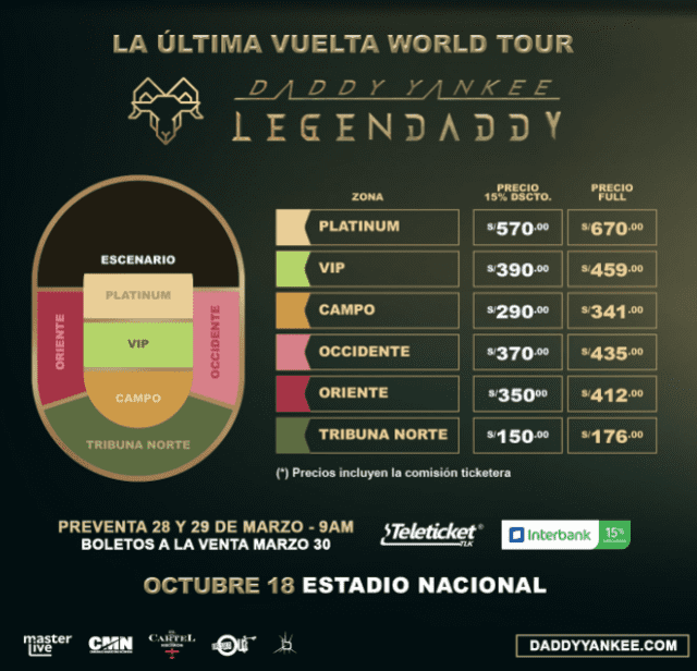 Precios para el último concierto de Daddy Yankee en Lima 2022. Foto: Masterlive Perú/Facebook.