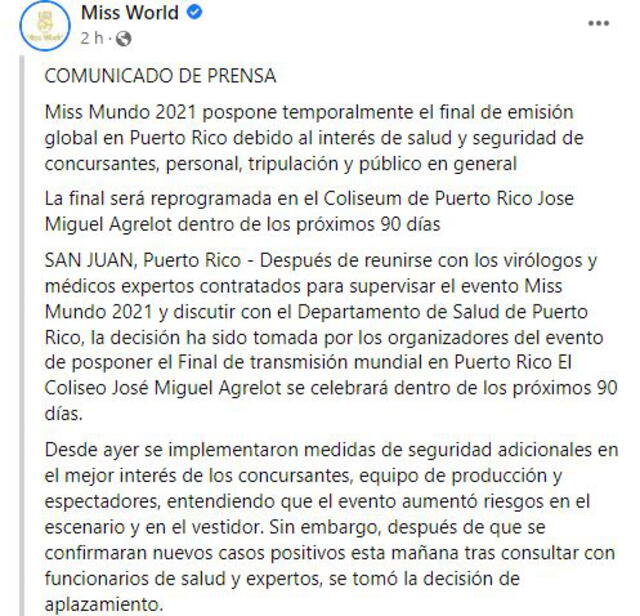 Cancelaron Miss Mundo 2021 por casos de coronavirus. Foto: captura/Facebook