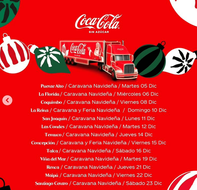 Esta es el recorrido de la Caravana Navideña de Coca Cola en el mes de diciembre en Chile. Foto: Coca Cola Chile 
