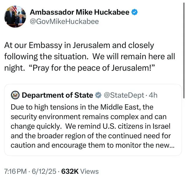U.S. Ambassador Mike Huckabee tweeted from Jerusalem 45 minutes before Israel’s strikes on Iran, raising speculation about possible early warnings. Photo: Mike Huckabee X account U.S. Ambassador Mike Huckabee tweeted from Jerusalem 45 minutes before Israel’s strikes on Iran, raising speculation about possible early warnings. Photo: Mike Huckabee X account