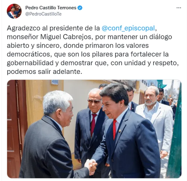 El presidente Pedro Castillo se pronunció a través de sus redes sociales sobre la reunión que sostuvo con la Conferencia Episcocal