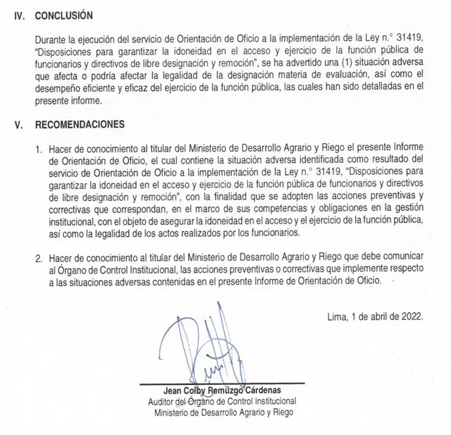 Informe de la Contraloría sobre permanencia del secretario general del Midagri, Paul Jaimes Blanco. Foto: documento