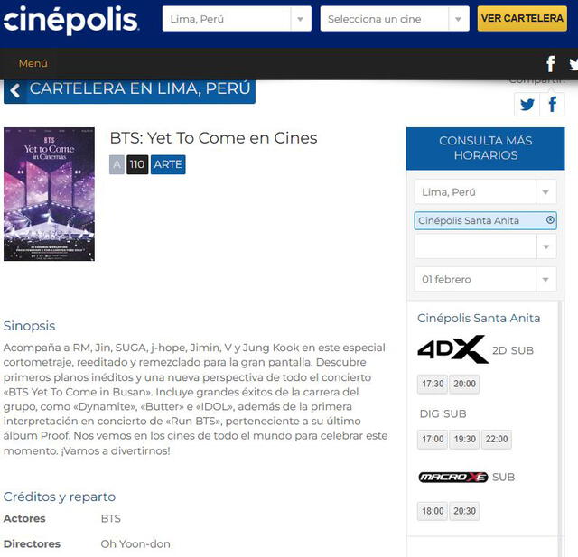 Cinépolis Perú abre venta de entradas. Foto: captura web