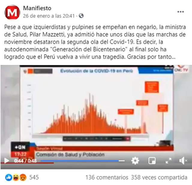 Viral dice que Pilar Mazzetti “admitió” que las marchas contra Merino “desataron” la segunda ola. Foto: captura en Facebook.