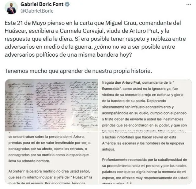 En el Día de las Glorias Navales, el presidente chileno Gabriel Boric elogió al héroe peruano Miguel Grau. Foto: captura X En el Día de las Glorias Navales, el presidente chileno Gabriel Boric elogió al héroe peruano Miguel Grau. Foto: captura X