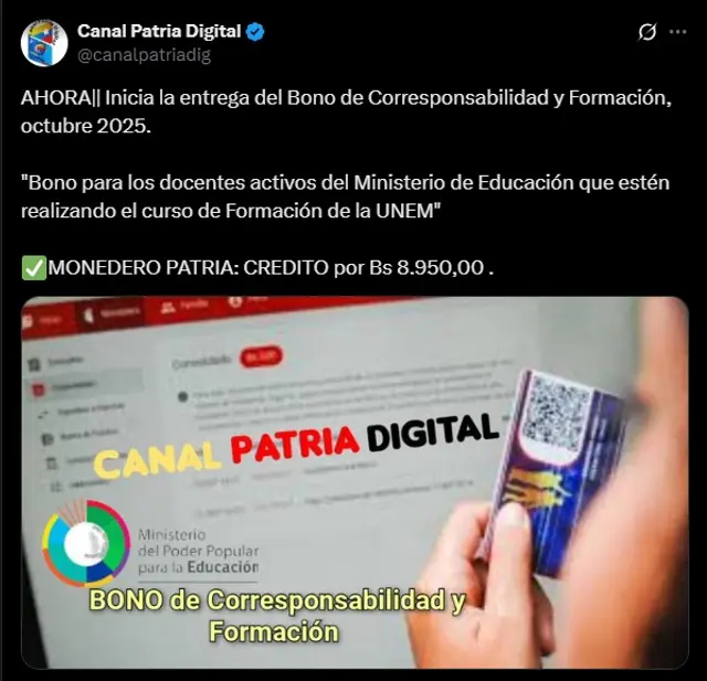 Anuncio del Bono de Corresponsabilidad y Formación para docentes del MPPE. Foto: Canal Patria Digital   
