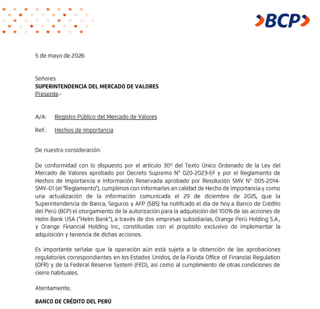 Expansión del BCP en Estados Unidos avanza con autorización de la SBS para adquirir Helm Bank USA.