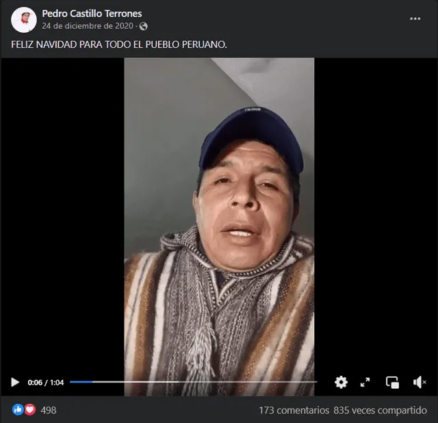 Publicación original del video de Pedro Castillo, que data del 24 de diciembre de 2020