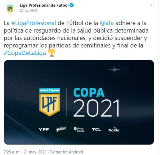 Mensaje de la Liga Profesional de Argentina.