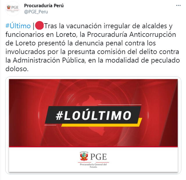 Procuraduría presentó denuncia penal por vacunación irregular en Loreto. Foto: Twitter.