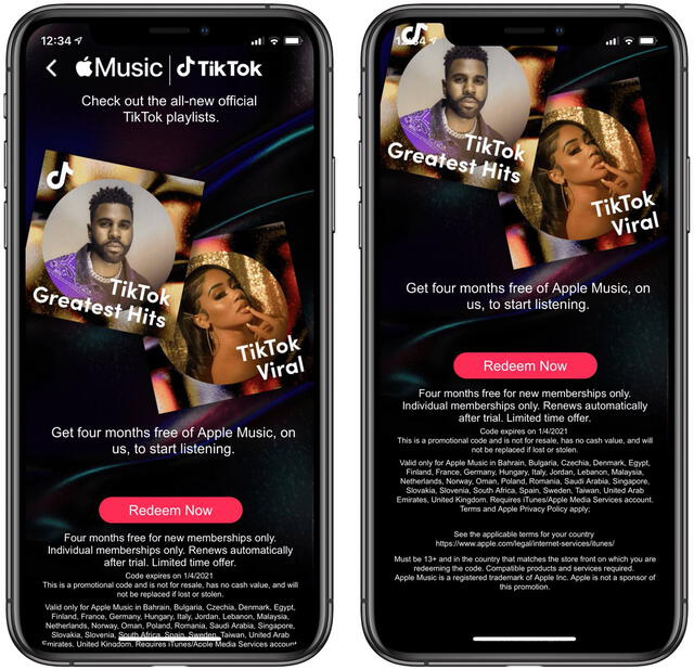 Nueva promoción de TikTok brinda cuatro meses gratis de Apple Music. Foto: Apple / TikTok