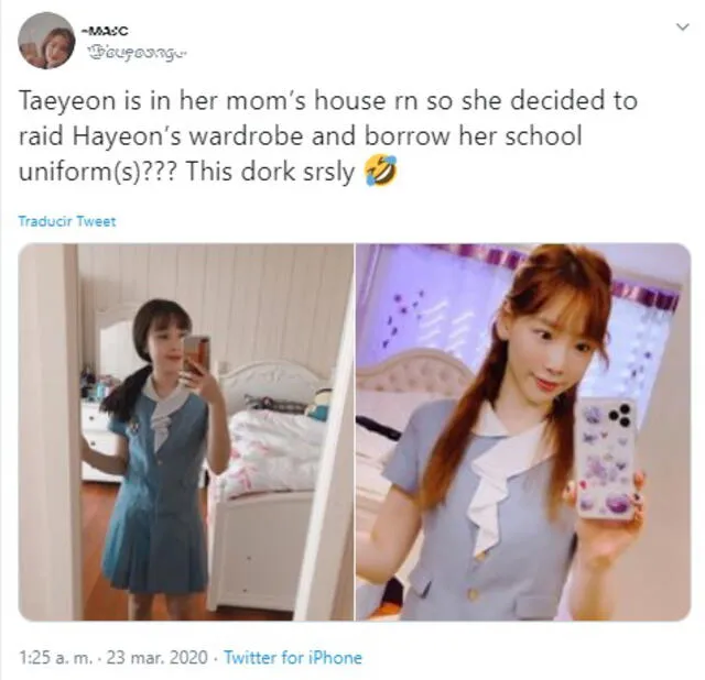 "Taeyeon está en la casa de su madre, así que decidió asaltar el armario de Hayeon y pedir prestados sus uniformes escolares", escribió un usuario en Twitter.