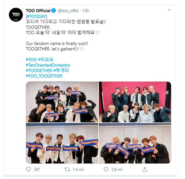 TOO anunció a través de Twitter el nombre oficial de su fanclub. 11 de abril 2020. TOO anunció a través de Twitter el nombre oficial de su fanclub. 11 de abril 2020.