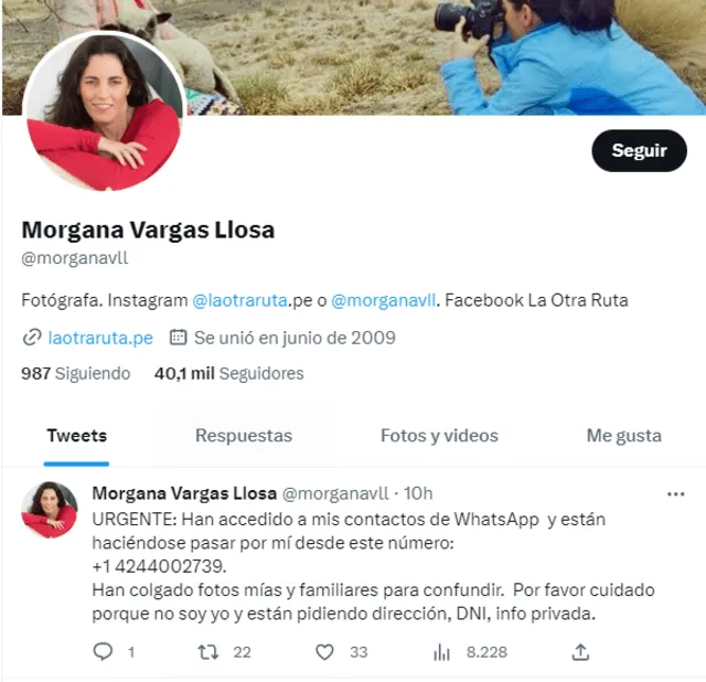  Morgana Llosa hace grave denuncia en su cuenta de Twitter. Foto: Twitter   