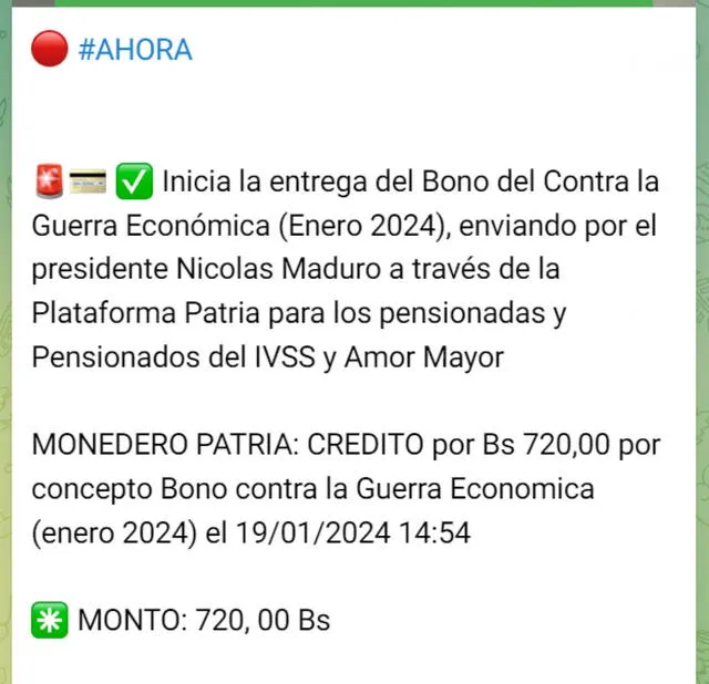 El monto del Bono de Guerra para los pensionados en enero fue de 720 bolívares. Foto: Canal Patria Digital/Telegram