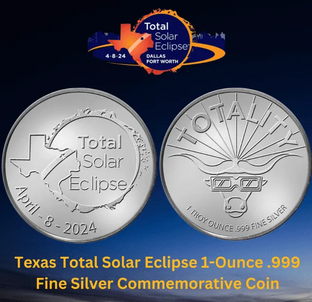Las monedas conmemorativas por el eclipse en EE. UU. cuestan US$49.99. Foto: Total Eclipse Texas Silver Coin   