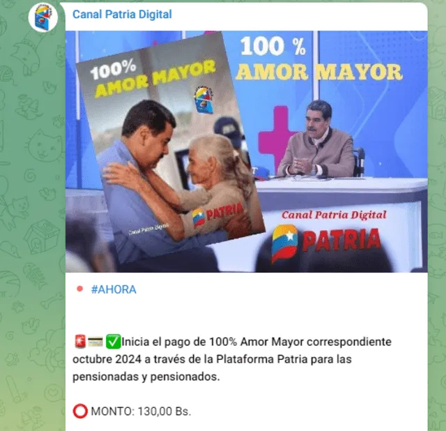 El Bono 100% Amor Mayor se entregó el pasado 7 de octubre. Foto: Canal Patria Digital/ Telegram