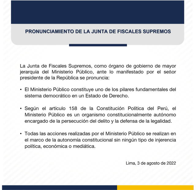 Junta de Fiscales Supremos respondió al presidente Pedro Castillo. Foto: documento