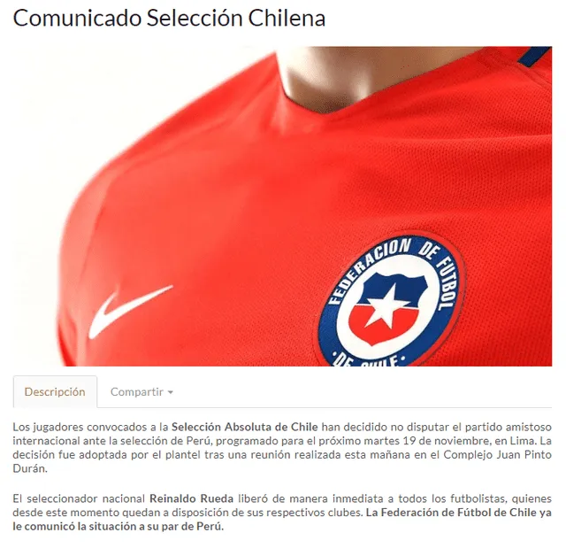 Selección chilena canceló amistoso con Perú.
