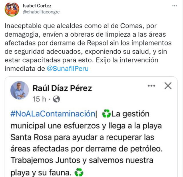Isabel Cortez: Alcalde de Comas envió a obreras para limpiar petróleo sin equipo de protección