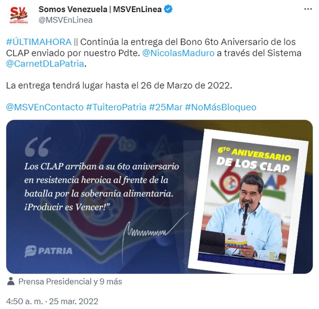  El Bono CLAP 2023 se entregó por última vez el año pasado. Foto: MSVEnLinea/ Twitter   