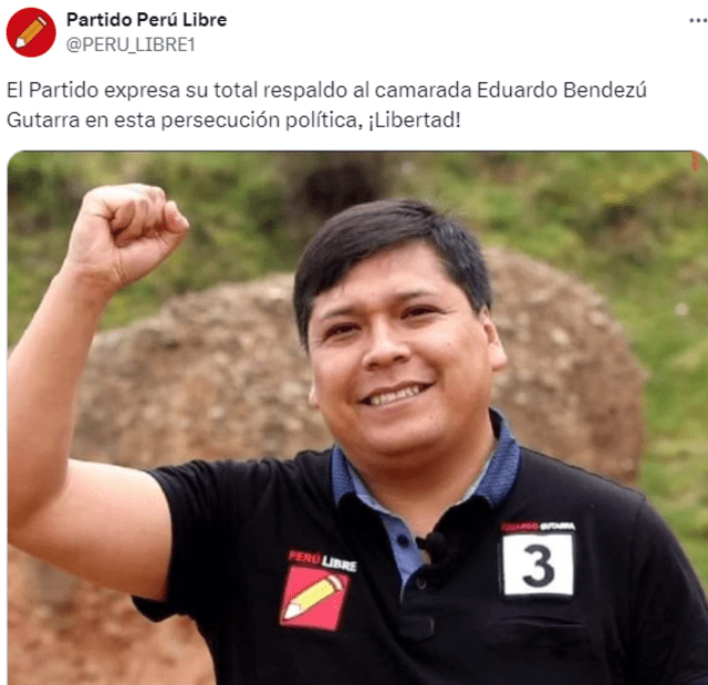 A través de su cuenta oficial de X, el partido Perú Libre sostuvo que la captura de José Bendezú se trata de una "persecución política". Foto: Perú Libre.   
