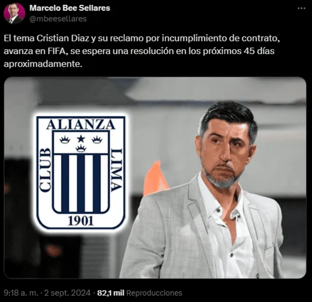  Tuit de Marcelo Bee Sellares sobre el caso de Cristian Díaz contra Alianza Lima. Foto: captura de X/Marcelo Bee Sellares   