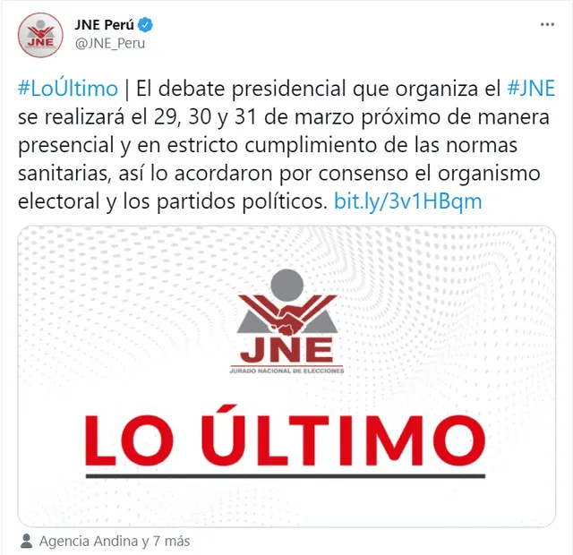 El JNE anunció la fecha del debate presidencial mediante sus redes sociales. Foto: Twitter @JNE_Peru
