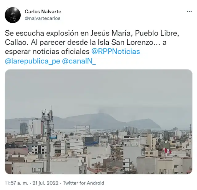 Reporte de usuarios en Twitter sobre explosión en isla San Lorenzo. Foto: captura/Twitter Carlos Nalvarte