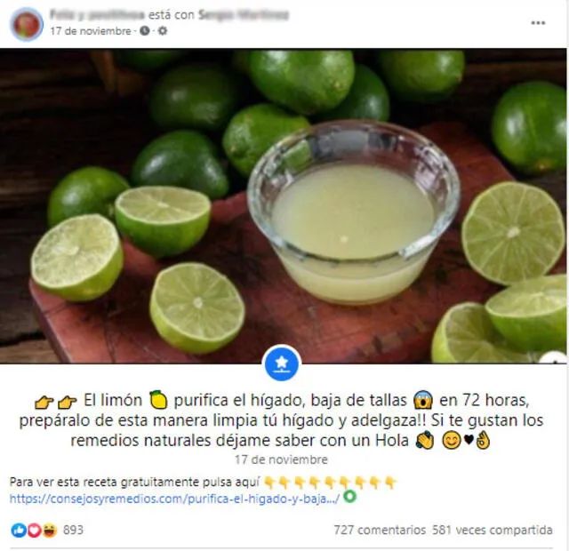 Es falso que el consumo de limón “purifica” el hígado. Foto: captura en Facebook.