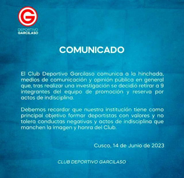 Comunicado de Deportivo Garcilaso. Foto: Deportivo Garcilaso   