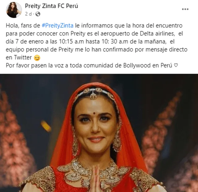 Club de fans de Preity Zinta en Perú planea un encuentro con la actriz. Foto: captura LR/Facebook/Preity Zinta FC Perú   