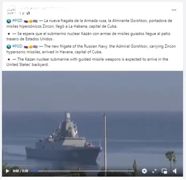 <em> Desinformación sobre la fragata rusa Almirante Gorshkov. Foto: captura de Facebook</em>   